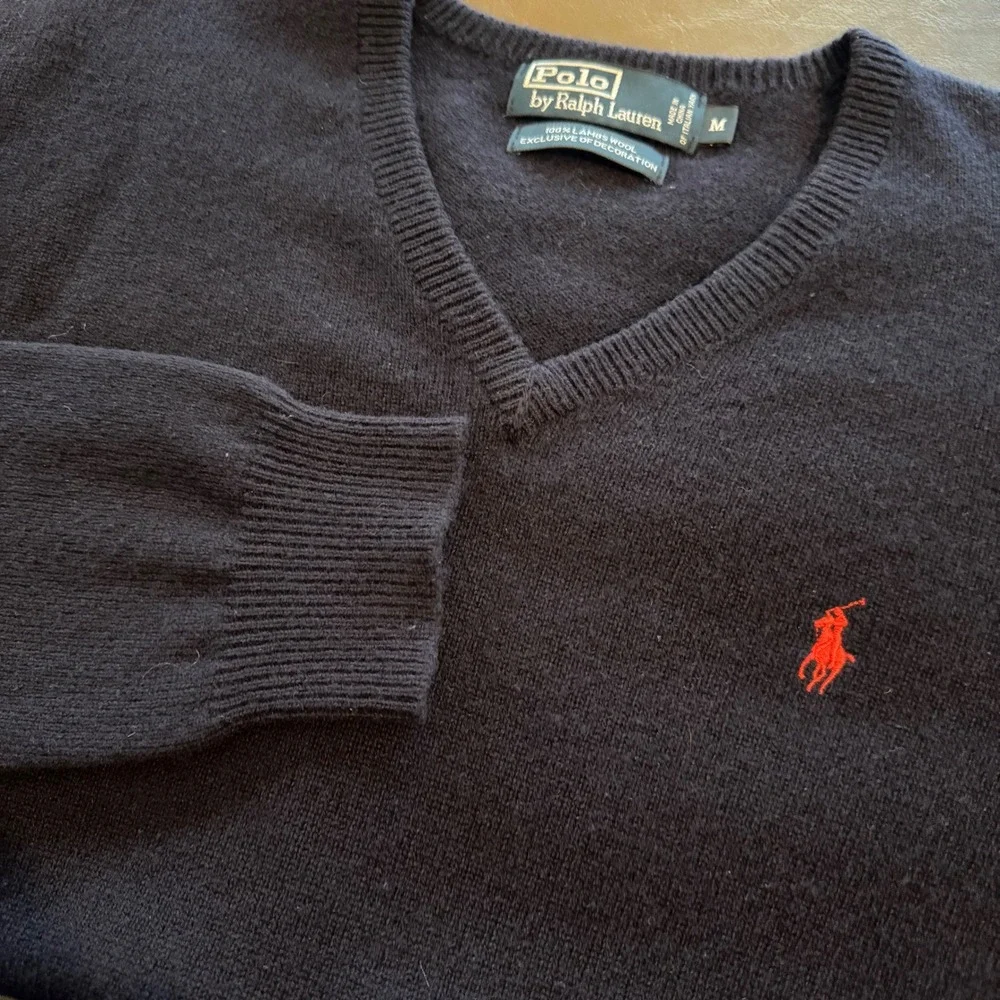 Vintage Polo Ralph Lauren V-Neck Sweater M Navy Blue 100% Lambswool Pony Preppy‎